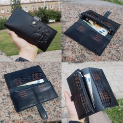 Lietuviška odinė piniginė, delninė PSOGP8K14 Su Vyčiu, Juoda