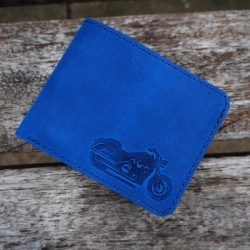 10 x 13 cm Lietuviška Motociklininkų odinė piniginė P13K4K su motociklu, Mėlyna