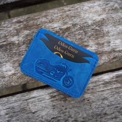 Lietuviška minimalistinė odinė kortelių piniginė MP3K3 Mėlyna su motociklu
