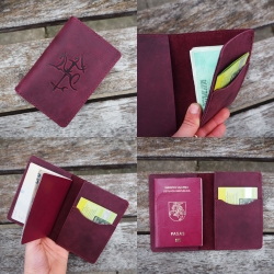 14,5 x 10 Lietuviškas odinis paso dėklas, automobilio dokumentams, medžiotojo bilietui 14,5x10k1ps2v2 su Vyčiu