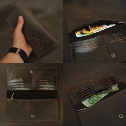 10 x 20 cm D1v2 Lietuviška odinė rankų darbo didelė piniginė su su Vyčiu D1K8 Tamsiai ruda