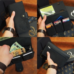 22 x 12,5 cm Moderni Lietuviška odinė Delninė Piniginė su 3 x RFID automatiniais kortelių dėklais IK22x12k1m2Zp2uS Delninė