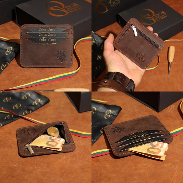 8,5 x 10,5 cm Odos Guru minimalistinė odinė piniginė su Vyčiu K3Z Maža kortelių piniginė su užtrauktuku