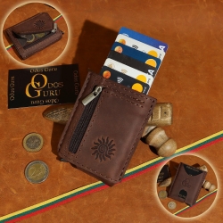 10 x 7,5 cm Saulė, Minimalistinė Moderni Lietuviška odinė piniginė su RFID iššokančių kortelių dėklu IK10K1Z